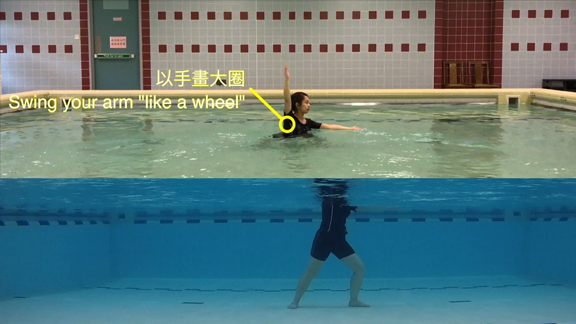 肩車輪式 1. 以戰士二式（左側）為起始動作。2. 保持站穩，以右手畫大圈5次。 3. 以另一側重複動作。