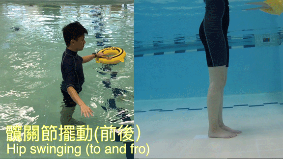髖關節擺動 (前後) 1. 收小腹。2. 單腳站立，同時前後擺動另一隻腳。