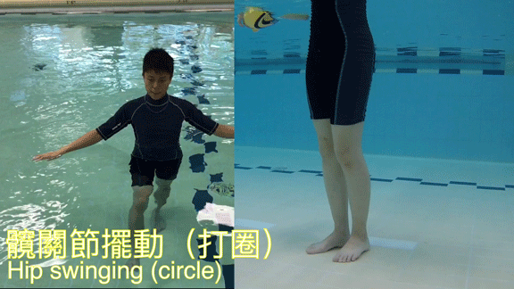 髖關節擺動 (打圈) 1. 收小腹。 2. 單腳站立，同時用另一隻腳劃圓。