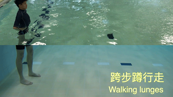 跨步蹲行走 1. 腰部挺直，單腳往前誇一大步。 2. 身體向下沉降直至後膝接近地面。3. 重複步驟 1 , 2 向前步行。