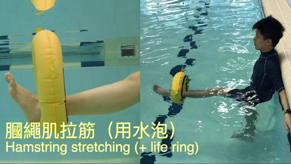 Hamstring stretching (+life ring) 1. Stand against the pool edge with both hands holding the edge. 2. Put the life ring around the ankle, relax your leg and let the ring float until you feel some stretches over the back of thigh.