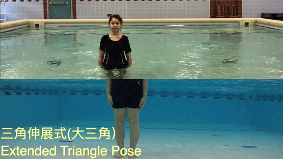 Extended Triangle Pose 1. Stand facing the pool edge with both hands holding the edge. 2. Position yourself with one leg in front of the other, whilst try to bend your fore leg and keep your hind leg straight. 3. Shift your weight forward while keeping your heels on the ground, until you feel some stretches over the calf.