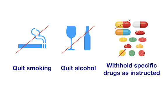 Quit smoking and alcohol. Review Medications.