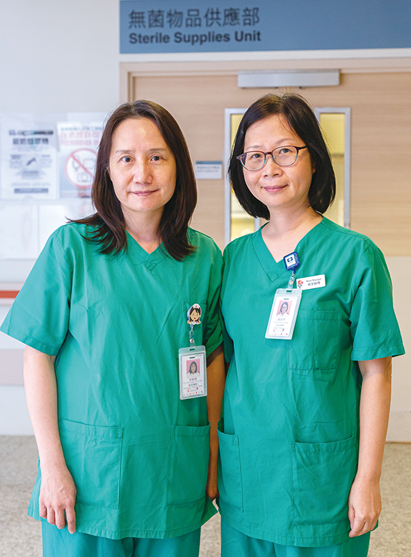 Ward Manager Chan Kam-sau (right) and Advanced Practice Nurse Yoyo Leung express that SSU is committed to delivering quality disinfection and sterilisation service to ensure patient safety.