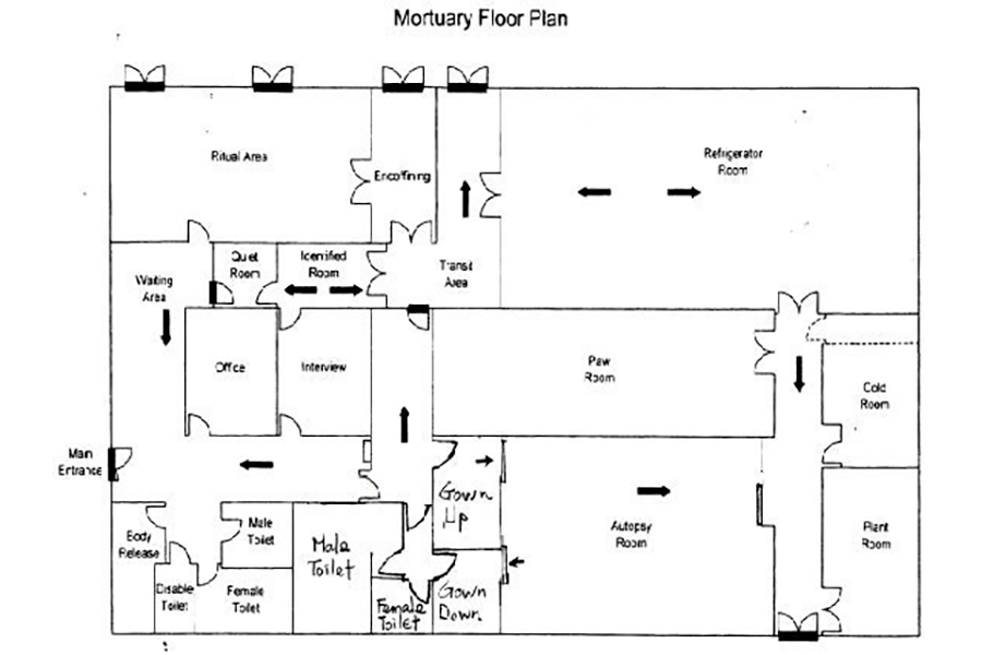 林明輝參與伊院殮房裝修的設計藍圖，每個房間增設多道出入口。