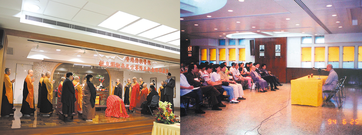 (Left) A Buddha’s birthday celebration in 2019. (Right) Lecture on Buddhism in the hall in 1994.