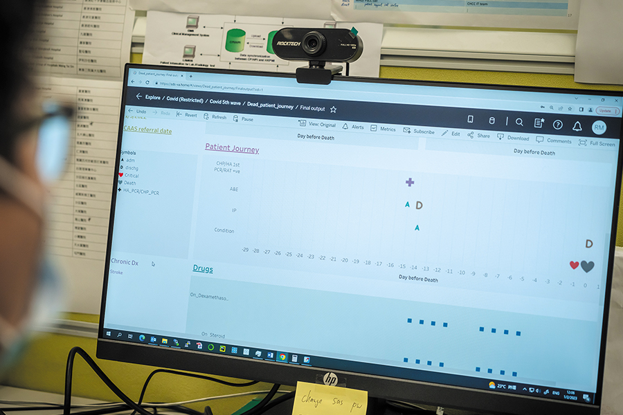 A dashboard traces a patient’s journey from infection to death, behind which is a grieving family.
