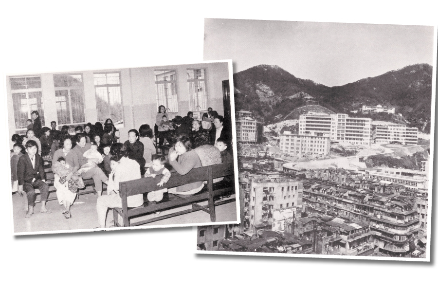 （左圖）1960年代，明愛醫院門診部。（右圖）1964年從深水埗遠眺明愛醫院。