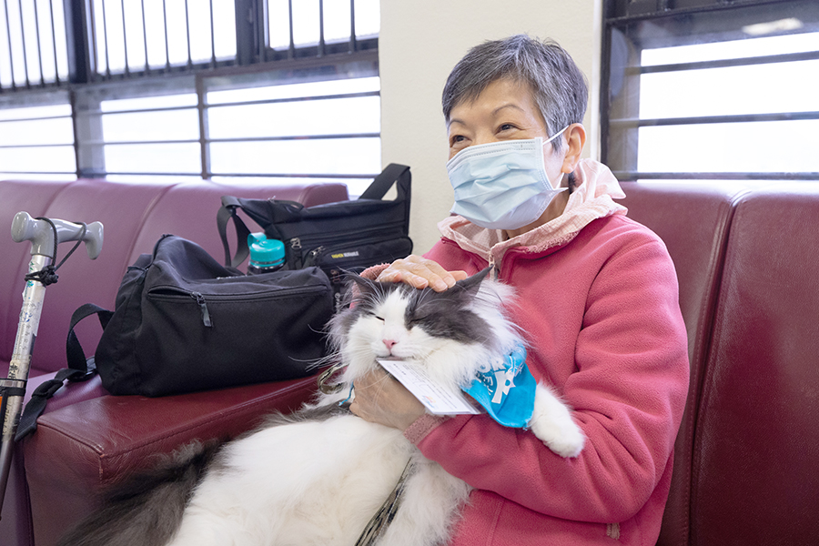 病人抱著溫馴可愛的Dr Oka，馬上眉開眼笑。